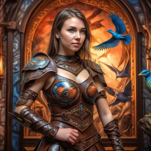 Prompt: A cute young adult woman wearing form fitting SFW leather armor top and leather skirt in magical room with mythical animals, birds and art by modern fantasy realm artists. inlay, watercolors and ink, beautiful, fantastic view, extremely detailed, intricate, best quality, highest definition, rich colors. intricate beautiful dynamic lighting award winning fantastic view ultra detailed 4K 3D high definition hdr