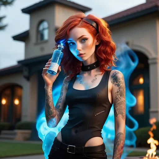 Prompt: Full body, Modern 25-year-old ultra petite (young slim feminine frame, attractive), (flaming wavy red hair, long natural hair), (soft boyish facial features), full body tattoo, exquisitely small waist, wearing female futuristic tight full body survival gear, (black steel collar), (standing outside a country club in an apocalyptic setting). drinking a gaseous vial of blue liquid. A swirling magical portal in the background.

Dramatic contrasts of light and shadow,  (highly detailed), (HD), evoking a blend of elegance and technology.