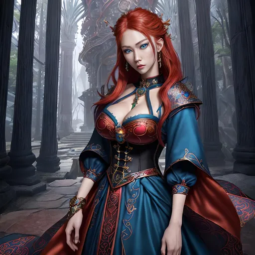 Prompt: Create a full body, fantasy style ultra Intricate detailed mythical style "top of the world". Focused on an hyper cute young slender female random color hair woman, intricately detailed piercing blue eyes, alluring gaze, healthy Asian features and skin, red hair, proportionate cleavage, wearing an iron slave collar, wearing multi color silk robes,

Professional Photo Realistic Image, RAW, artstation, splash style dark fractal paint, contour, hyper detailed, intricately detailed, unreal engine, fantastical, intricate detail, steam screen, complementary colors, fantasy concept art, 8k resolution, deviantart masterpiece, splash arts, ultra details Ultra realistic, hi res, UHD, 64k, 2D art rendering, depth of field 4.0, APSC, ISO 1600, zoom 0.5