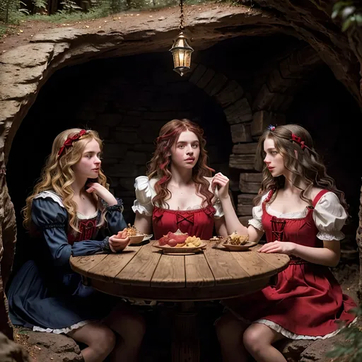 Prompt: Create an Image of Brothers Grimm depiction of version of "Red Riding Hood", "Snow White", and "Alice from Wonderland", with random natural hair colors, perfectly detailed cute face, full luscious lips, natural freckles, perfect body composition,

meeting in a well lit cavern, at a table covered in treasure,

hyper realistic, super detailed, 8k, high quality, trending art, trending on artstation, sharp focus, studio photo, perfect lighting and shadows.