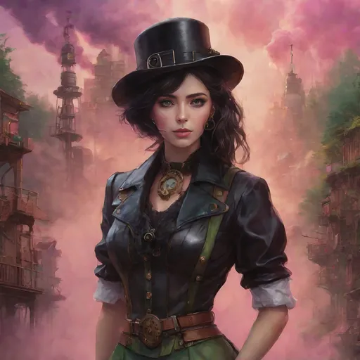 Prompt: (ultra realistic digital art), 20-year-old feminine male, (alluring soft facial features), wearing a steampunk style  short black leather skirt short forest green midriff blouse, (steampunk style hat and black leather collar), shoulder-length hair in an attractive random color, surround by a Pink colored smoke rising from the ground, (vibrant colors, detailed textures), (emotionally engaging essence), captivating gaze - ultra-detailed, HD quality, with a whimsical background that enhances the enchanting atmosphere.