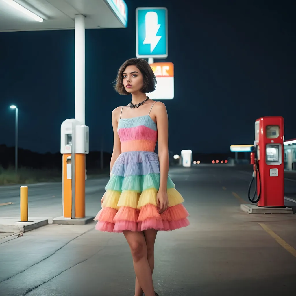 Prompt: A closeup image of a 23 year old adult (feminine body), ((flat chest)), skinny waist, ((bob cut hair)), open eyes, scared, heavy ultra feminine makeup.

walking along a highway gas station, random pose.

Wearing an uber short, multi-color ultra ((fluffy 5 multi-layered petticoat dress)) and a Thick heavy iron collar around their neck. 

Thoughtfully composed, hyper-realistic quality, ultra-detailed 4K imagery.