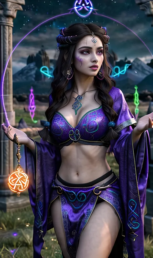 Prompt: Image of a gorgeous young adult sorceress with styled hair, perfect girl next door look, full luscious lips, perfect body composition, wearing stunning mystical robes,

summoning multiple wild magic with swirling 3D Celtic rune symbols and 3D colorful spells, surrounded by the magical weaves, on the night of the dead, at midnight,

Image created using a wide landscape lense, ISO 1000, f/1.8, Splash art, trending on artstation, dark fantasy art, hyper realistic, super detailed, 8k, high quality, trending art, trending on artstation, sharp focus, studio photo, perfect lighting and shadows.