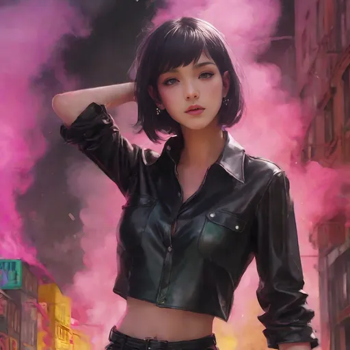 Prompt: (ultra realistic digital art), 20-year-old feminine male, (alluring soft facial features), wearing a short black leather skirt and (short green midriff blouse), (black leather collar), shoulder-length bob cut hair in an attractive random color, surround by a Pink colored smoke rising from the ground, (vibrant colors, detailed textures), (emotionally engaging essence), captivating gaze - ultra-detailed, HD quality, with a whimsical background that enhances the enchanting atmosphere.