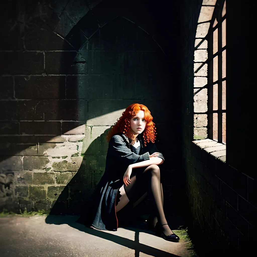 Prompt: girl sitting on a bench at the far wall of the prison cell. She stared at him down the sharp edges of her cheeks partly hidden behind her curly red hair, her body relaxed as it slouched against the wall, legs crossed. random pose, blonde or ginger hair color, gothic art, promotional image, a poster