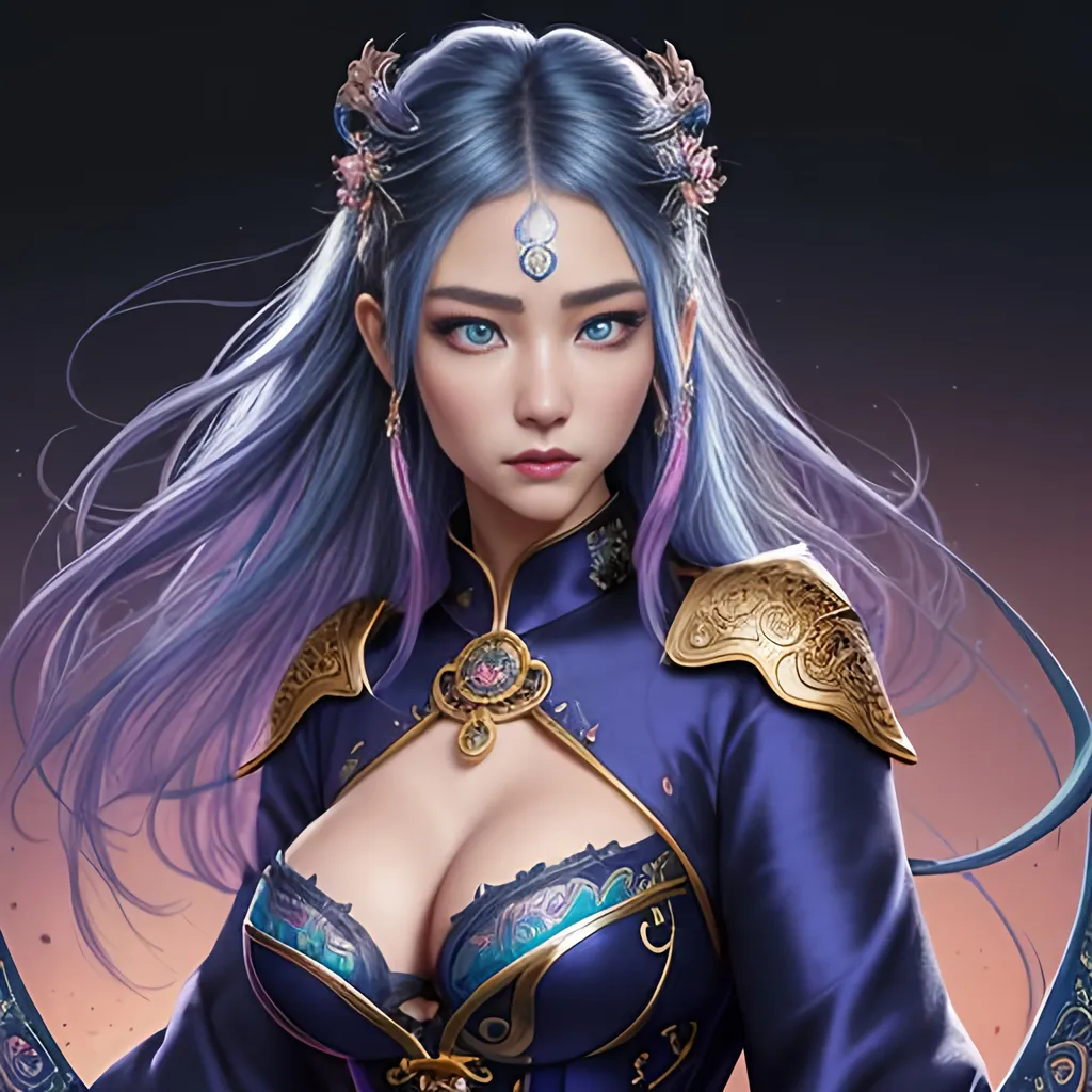 Prompt: Create a fantasy style ultra Intricate detailed mythical style "top of the world". Focused on an hyper cute young slender female random color hair woman, intricately detailed piercing blue eyes, alluring gaze, healthy Asian features and skin, proportionate cleavage, wearing an iron slave collar, wearing multi color silk robes,

Professional Photo Realistic Image, RAW, artstation, splash style dark fractal paint, contour, hyper detailed, intricately detailed, unreal engine, fantastical, intricate detail, steam screen, complementary colors, fantasy concept art, 8k resolution, deviantart masterpiece, splash arts, ultra details Ultra realistic, hi res, UHD, 64k, 2D art rendering, depth of field 4.0, APSC, ISO 1600, zoom 0.5