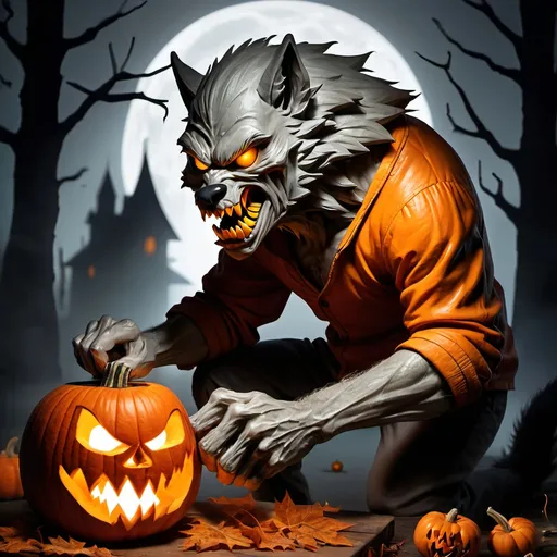 Prompt: A werewolf carving a pumpkin