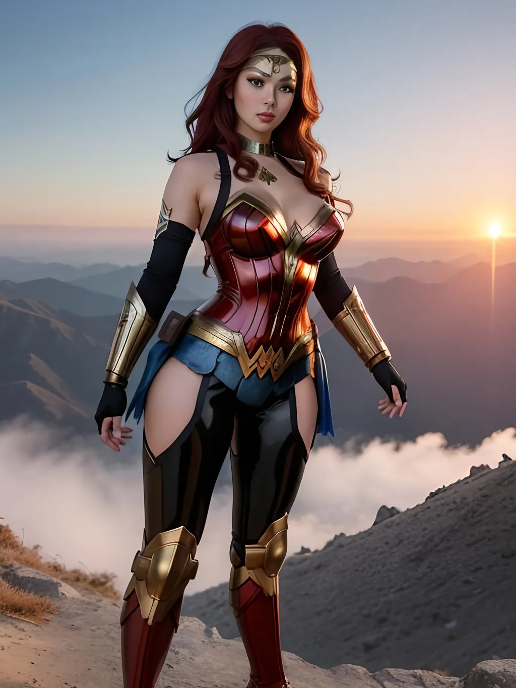 Prompt: Create a highly detailed AI defined full body image of an amazingly perfect, ultra gorgeous, stunning, uber "Girl Next Door Look" Asian adult woman, short cut redhead, Wonder Woman, 

wearing steampunk style hyper enticing futuristic battle tech, ample cleavage on display, an Israeli flag in the background. on a mountain top at sunrise,

Award winning super detailed high gloss latex, hyper detailed image, cinematic lighting and scale, super detailed, 64k, high quality perfect lighting,