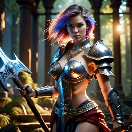 Prompt: Create an ultimate realistic ultra detailed splash art image of an exquisitely beautiful ultra deatailed young adult AI designed fantasy woman, hyper detailed highly gorgeous innocent look, random color hair, random hair style, detailed facial features, sumptuous cleavage, perfect body proportions, visible midriff, 

heavy iron collar, 1980’s fantasy chain style mail Paladins armor, in a fantasy realm dark forest, wearing a large in ornate battle axe, in a fantasy fighting pose,

Perfect studio lighting, perfect shading, impeccable contrast, HDR, UHD, high res, 64k, cinematic lighting, special effects, hd octaneArtgerm, WLOP, dynamic studio quality lighting hyper-detailed, intricately detailed, Splash art, trending on Artstation, triadic colors, Unreal Engine 5 volumetric lighting, unreal engine, octane render.