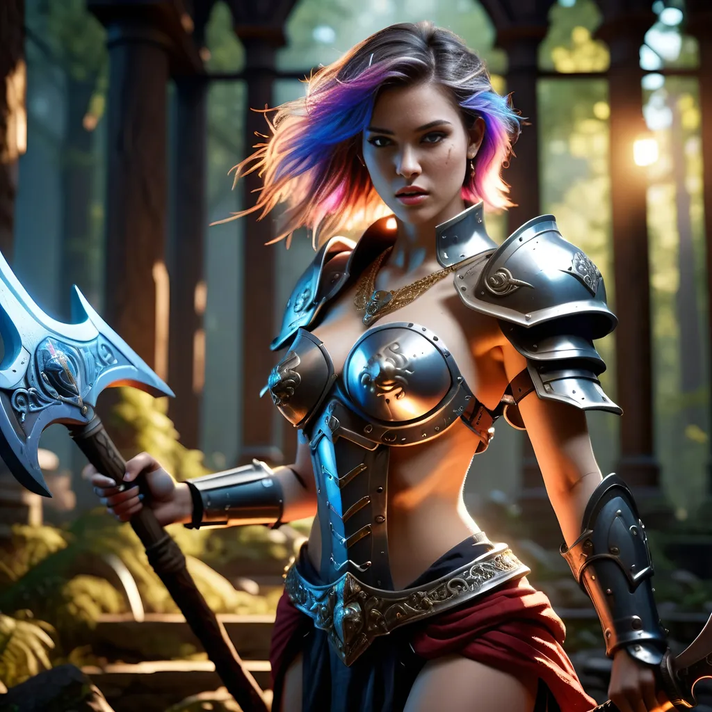 Prompt: Create an ultimate realistic ultra detailed splash art image of an exquisitely beautiful ultra deatailed young adult AI designed fantasy woman, hyper detailed highly gorgeous innocent look, random color hair, random hair style, detailed facial features, sumptuous cleavage, perfect body proportions, visible midriff, 

heavy iron collar, 1980’s fantasy chain style mail Paladins armor, in a fantasy realm dark forest, wearing a large in ornate battle axe, in a fantasy fighting pose,

Perfect studio lighting, perfect shading, impeccable contrast, HDR, UHD, high res, 64k, cinematic lighting, special effects, hd octaneArtgerm, WLOP, dynamic studio quality lighting hyper-detailed, intricately detailed, Splash art, trending on Artstation, triadic colors, Unreal Engine 5 volumetric lighting, unreal engine, octane render.