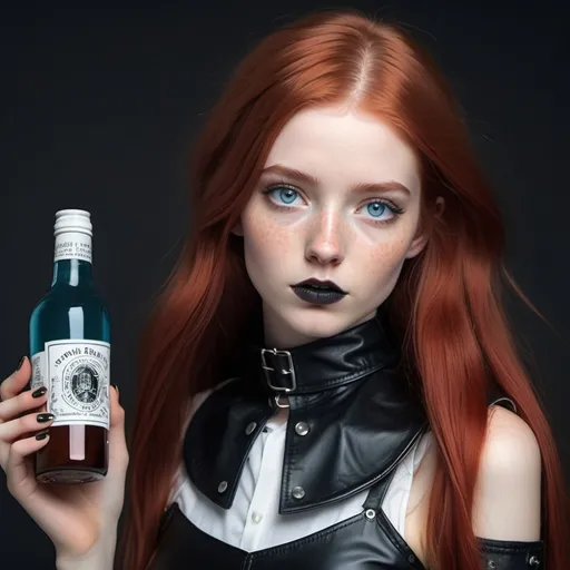 Prompt: Modern Goth style, (attractive 25-year-old) feminine petite woman), (long red hair), (freckles over the nose and cheeks) (alluring soft feminine facial features), (ultra short black leather skirt), white loose crop top, black thick leather collar), enticing blue eyes, captured inside a bottle.