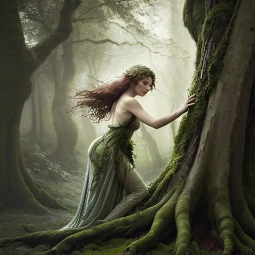 Prompt: Whimsical mythological concept art. Medium shot. A beautiful young dryad emerging from an oak tree trunk, her body covered in moss and leaves, with small oak branches morphing from her shoulders. Cinematic film still. Evocative of Arthur Rackham's watercolors. Soft, ethereal light filters through the golden canopy above. Dappled shadows dance across her skin, blending with the moss and leaves. The tree's bark seamlessly merges with her back, as if she's still a part of the trunk. Earthy tones, with splashes of vibrant green. Organic, dreamlike atmosphere. Keywords: fantasy illustration, naturalism, folklore, arboreal, transformation, mysticism, soft focus, warm color palette, high contrast, detailed textures,