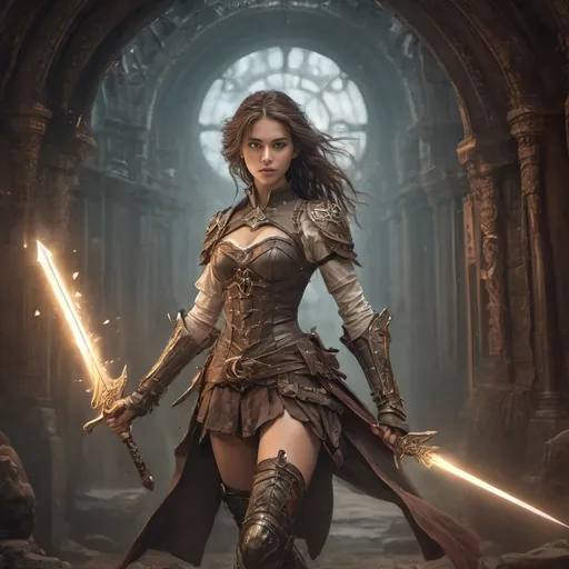 Prompt: Create an image of a (petite body) skinny waist, brave young adult female warrior appropriately holding a magical glowing sword, long hair , fantasy, digital image,

Wearing random steampunk style armor

Running toward a magical portal in a steampunk style background in the 19th Century)), wearing a ((Thick heavy iron collar tight around neck)), Random Hair Color, 

Detailed lighting and slight dramatic shadows, atmospheric mood, rich textures, historical undertones, thoughtfully composed, hyper-realistic quality, ultra-detailed 4K imagery.