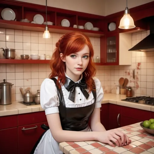 Prompt: fantasy kitchen style, (20-year-old) young adult woman, beautiful feminine features, no cleavage, shoulder-length cut red hair, dressed in stockings and maid uniform, stylish leather collar, serene and modern ambiance, soft diffused lighting reflecting off tiles, high detail, vibrant warm tones, whimsical fantasy elements subtly adorning the space, ultra-detailed, captivating atmosphere.