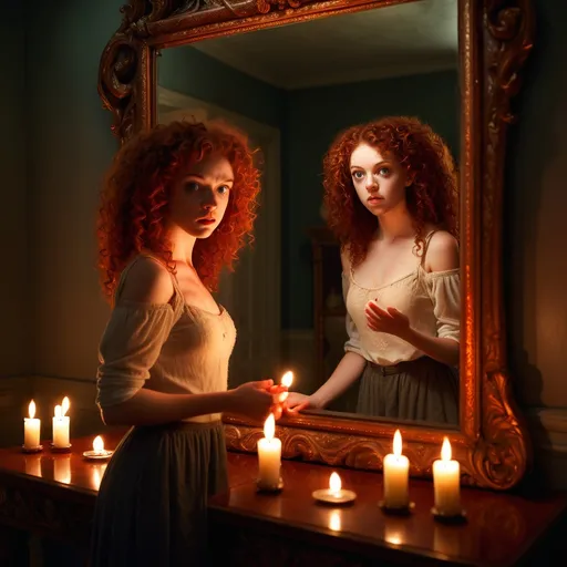 Prompt: Wide angle, photo realistic image of a dimly lit room, a large, ornate mirror reflects the soft glow of candlelight. The young adult woman, with wild red curls and determined eyes, stands before it, her heart racing with excitement. She takes a deep breath, then places her hands on the cool surface of the mirror. She steps over the edge of the mirror Her leg is now on the other side. A magical shimmer appears around the body part passing over the edge of the mirror.

On the other side, she finds herself in a surreal world, where colors are more vivid and gravity feels lighter. The landscape shifts and dances around her, revealing enchanted forests and whimsical creatures.

What adventures await her in this mirror realm? What challenges will she face, and what truths will she uncover about herself as she explores this magical reflection of her innermost dreams?