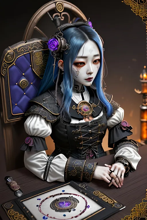 Prompt: Inimage, Create a highly detailed AI symmetrically sensuous perfect highly defined Korean, highly detailed intricate, quality medieval decaying undead fantasy priestess character, inspiring vibrant colors, steampunk style background, masterpiece:1.4, best quality:1.0, photo realistic