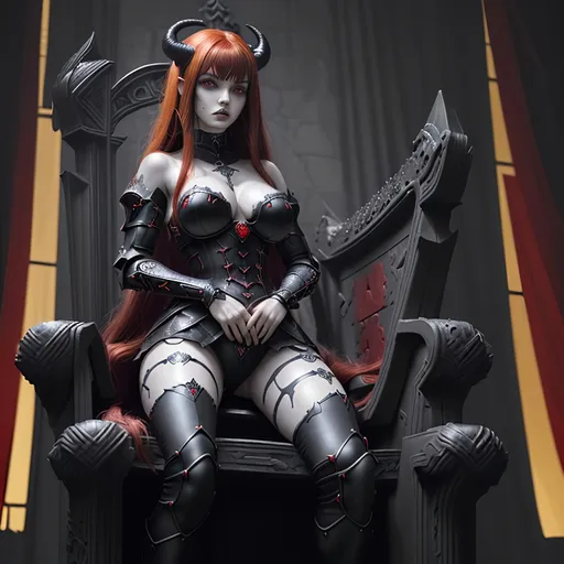 Prompt: girl , hell, demon, 20 years old, 
light armor with big cleavage ,long red hair with black highlights, black conjunctiva with red iris, goth clothe , elbow on knees hands together, seatting on a the hell throne, parted bangs, ethereal, royal vibe, highly detailed, digital painting, Trending on artstation, Big Eyes, artgerm, cinematic 3d volumetric, distorted time lapse, wide landscape mode, ISO 1500, Aperture f/2.5, APS-C, RAW, Splash art, dark fantasy art, stunning bokeh, super detailed, 64k, high quality perfect lighting, perfect shadows.
