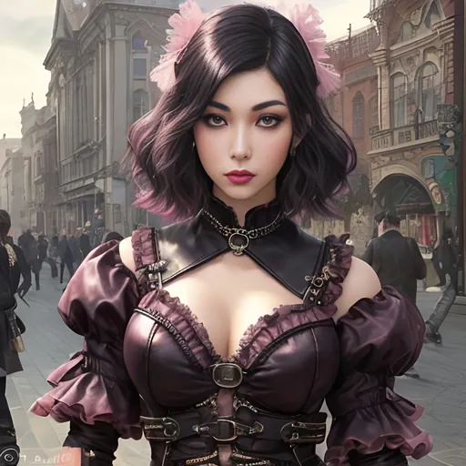 Prompt: Inimage, Zoomed in Ultimate modern glamorous steampunk art in a busy Victorian town square, Photo-realistic image, young adult Asian beautiful slender feminine features, heavy feminine makeup, pink lips, heavy blush, lilac eye shadow, thick eyelashes, secure dark leather full body harness, wavy short bob hair style, random color hair, extremely skinny slim waist, wearing a frilly dirty, grimy, ragged, torn, Pinafore dress, Photo Realistic, RAW, artstation, splash style of dark fractal paint, contour, hyper detailed, intricately detailed, unreal engine, fantastical, intricate detail, steam screen, complimentary colors, fantasy concept art, 8k resolution, deviantart masterpiece, splash arts, ultra details Ultra realistic, hi res, UHD, 64k, 3D rendering
