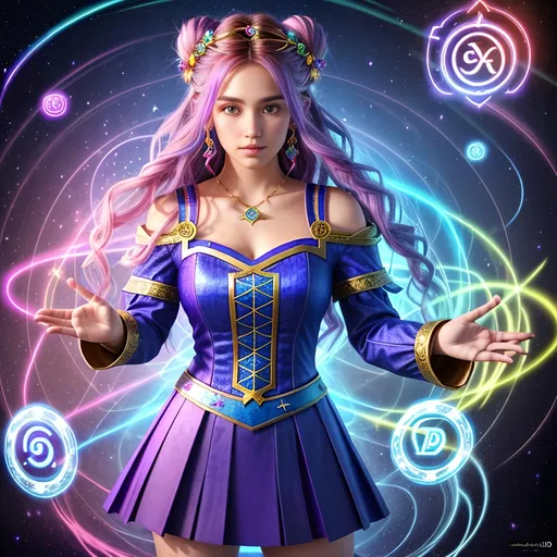 Prompt: Full body Image, of a beautiful super cute young adult woman sorceress with random styled hair, perfectly cute face, captivating gaze, perfect composition, hyper realistic, 

summoning wild magic with swirling 3D ancient runic symbols and 3D colorful spells, surrounded by random magical weaves,

extremely detailed, 3D Rendered, 8k, high quality, trending art, trending on artstation, sharp focus, studio photo, intricate details, highly detailed, s