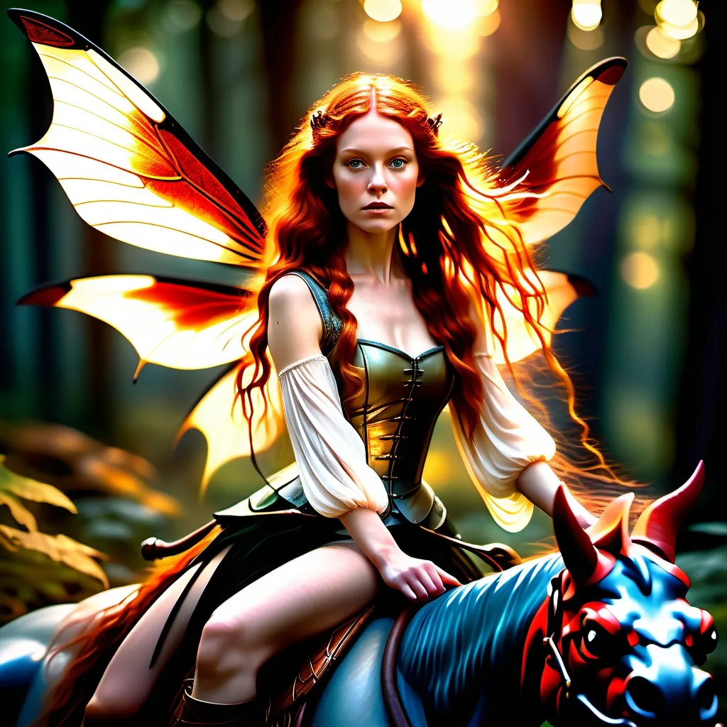 Prompt: Wide angle, photo realistic image of a gorgeous Victorian Era Faerie Warrior Woman with long flowing red hair, riding on the back of a dragon fly in a dark and forbidding forest

Golden hour warmth. Dynamic, mysterious lighting, shimmering bokeh on her skin. Free-flowing brush strokes, reminiscent of John William Waterhouse. Best quality. 8k resolution. Masterpiece. Incredible detail. Hyper-realistic vivid digital art influences. Stunning color palette. using gold Triadic colors. Cinematic film still.