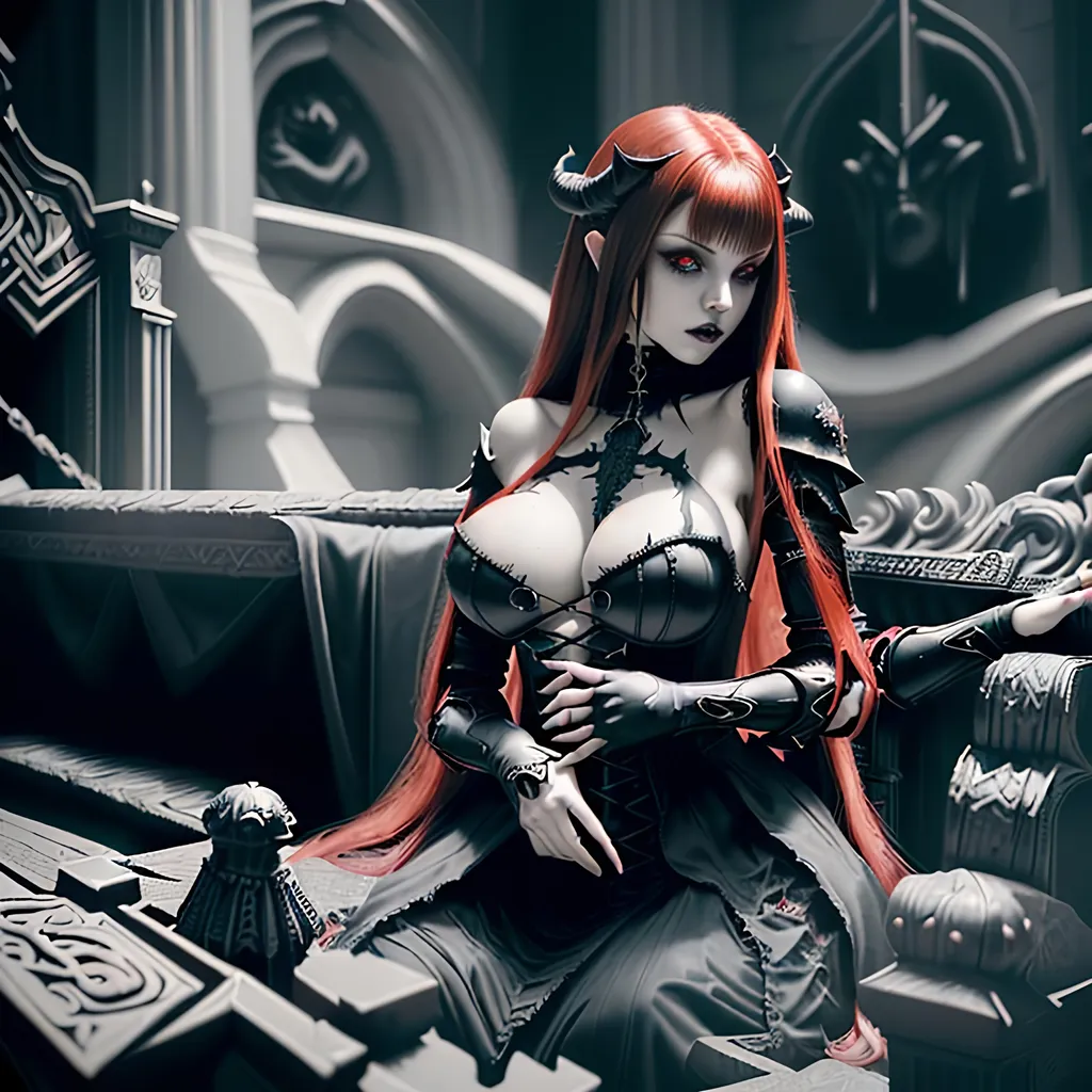 Prompt: sensuous young adult female hell, demon, light armor with ample cleavage ,long red hair with black highlights, black conjunctiva with red iris, gothic style clothes , sitting on a hell throne in a gothic throne style throne room, parted bangs, ethereal, royal vibe, highly detailed, digital painting, Trending on artstation, Big Eyes, artgerm, cinematic 3d volumetric, distorted time lapse, wide landscape mode, ISO 1500, Aperture f/2.5, APS-C, RAW, Splash art, dark fantasy art, stunning bokeh, super detailed, 64k, high quality perfect lighting, perfect shadows.