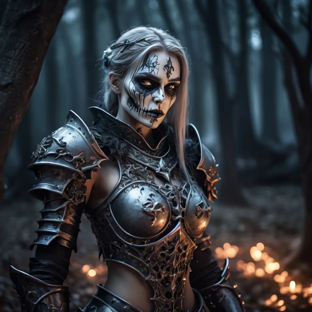 Prompt: Create a highly detailed AI defined image of a highly detailed medieval undead fantasy female death knight character in a fictional fantasy realm.

wide landscape lense, ISO 500, Aperture f/22, APS-C, Splash art, dark fantasy art, stunning bokeh, cinematic lighting and scale, super detailed, 64k, high quality perfect lighting, perfect shadows.