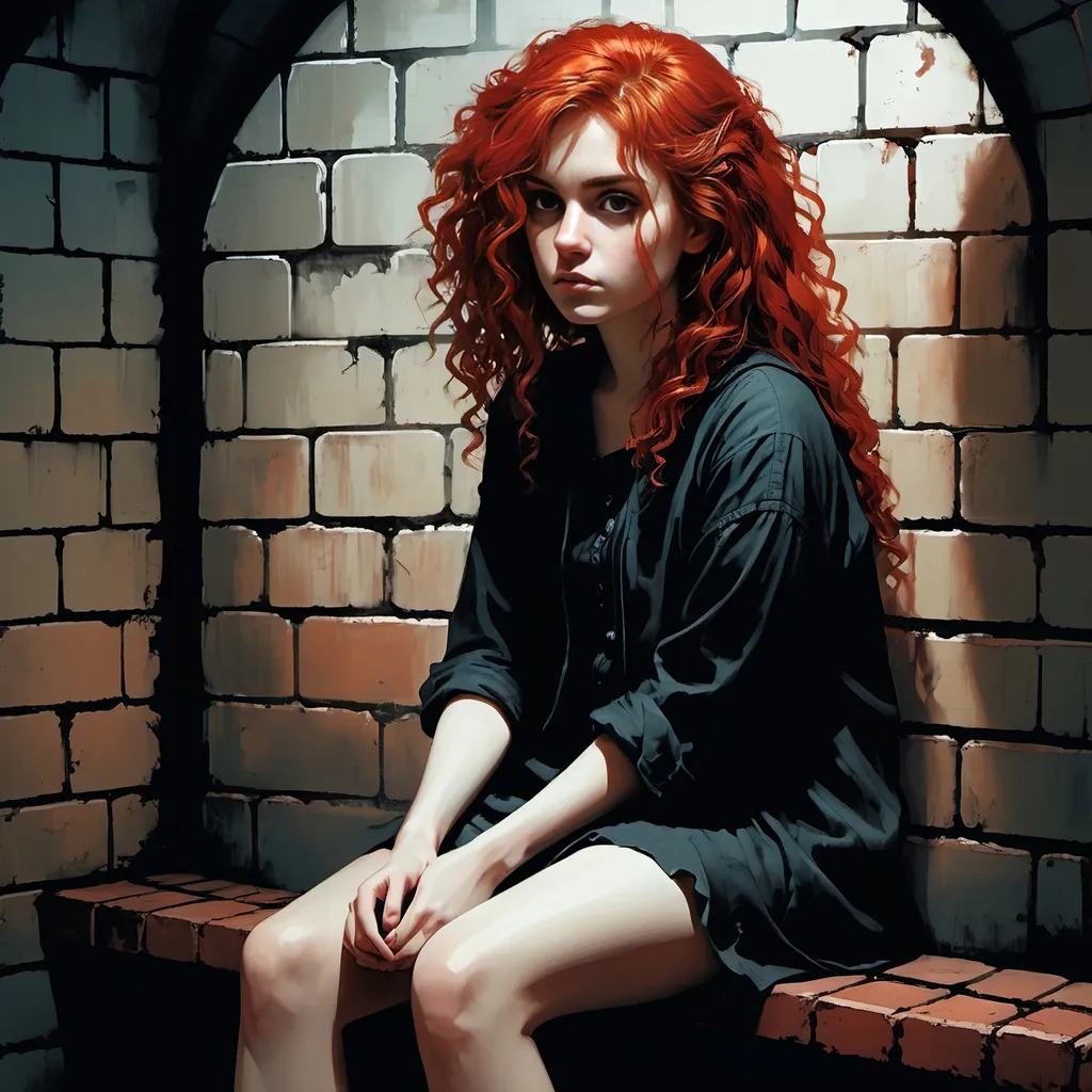 Prompt: girl sitting on a bench in a dank poor brick prison cell,. She stared at him down the sharp edges of her cheeks partly hidden behind her curly red hair, her body relaxed as it slouched against the wall, legs crossed. random pose, gothic art, promotional image, a poster