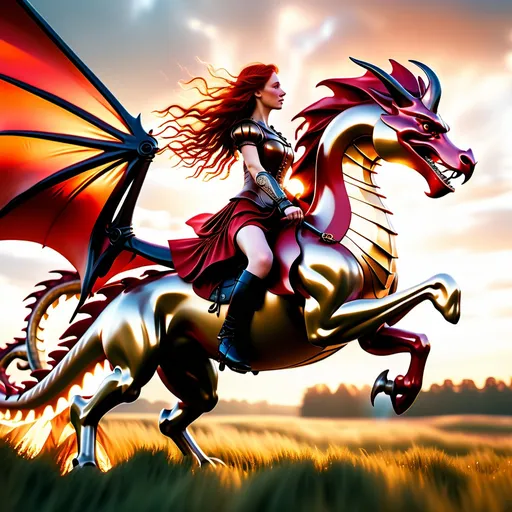 Prompt: Wide angle, photo realistic image of a gorgeous Victorian Era Warrior Woman with long flowing red hair, riding on the back of a red and gold dragon over a meadow.

Golden hour warmth. Dynamic, mysterious lighting, shimmering bokeh on her skin. Free-flowing brush strokes, reminiscent of John William Waterhouse. Best quality. 8k resolution. Masterpiece. Incredible detail. Hyper-realistic vivid digital art influences. Stunning color palette. using gold Triadic colors. Cinematic film still.