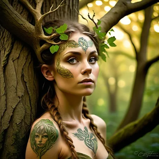 Prompt: In an ancient forest under a golden canopy, the focus in on a beautiful young human sized female dryad, a Celtic symbol tattooed on her forehead, living as part of the tree is transforming to human form from the trunk of the old oak tree. Complimenting her human form are parts of the tree growing from her body as new growth.