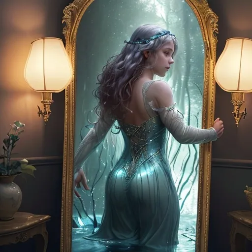 Prompt: In a dimly lit room, a large, ornate mirror reflects the soft glow of candlelight. The young adult woman, with wild curls and determined eyes, stands before it, her heart racing with excitement. She takes a deep breath, then places her hands on the cool surface of the mirror. She peers around the edge of the mirror Her head is now on the other side.

As she pushes forward, the glass ripples like water, and she feels a gentle pull, inviting her in. With a leap of faith, she steps into the mirror, her body flowing through the shimmering surface.

On the other side, she finds herself in a surreal world, where colors are more vivid and gravity feels lighter. The landscape shifts and dances around her, revealing enchanted forests and whimsical creatures.

What adventures await her in this mirror realm? What challenges will she face, and what truths will she uncover about herself as she explores this magical reflection of her innermost dreams?