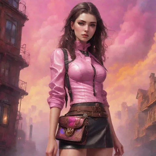 Prompt: (ultra realistic digital art), 20-year-old feminine male, (alluring soft facial features), wearing a steampunk style midriff tight leather blouse and a short leather skirt, (steampunk style purse over the shoulder), shoulder-length hair in an attractive random color, Pink mist rising from the ground in the background (vibrant colors, detailed textures), (emotionally engaging essence), captivating gaze - ultra-detailed, HD quality, with a whimsical background that enhances the enchanting atmosphere.