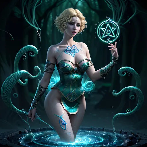 Prompt: Image of a mythical gorgeous young adult blonde short curly hair sorceress, perfectly cute face, full luscious lips, exquisite body composition, eyelids tightly sewn shut,

summoning wild magic with swirling 3D Celtic rune symbols and 3D colorful spells, surrounded by the magical weaves,

Splash art, trending on artstation, dark fantasy art, hyper realistic, super detailed, 8k, high quality, trending art, trending on artstation, sharp focus, studio photo, perfect lighting and shadows.