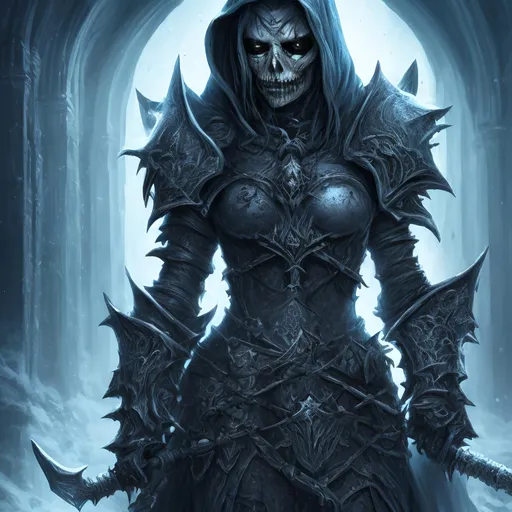 Prompt: Create a highly detailed AI defined image of a highly detailed medieval undead fantasy female death knight character in a fictional fantasy realm.

wide landscape lense, ISO 500, Aperture f/22, APS-C, Splash art, dark fantasy art, stunning bokeh, super detailed, 64k, high quality perfect lighting, perfect shadows.