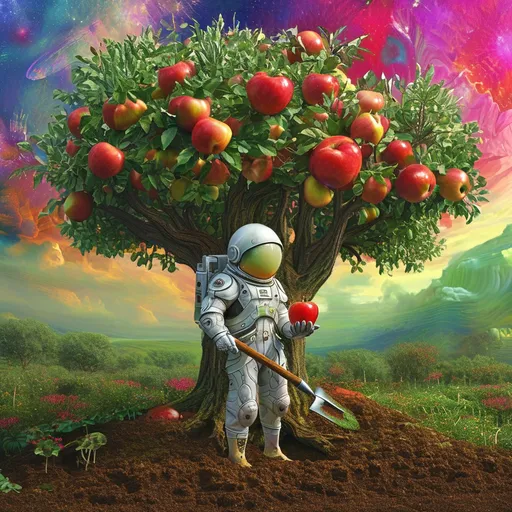 Prompt: Surreal imagery, photorealistic image of an apple tree being planyed on a Garden of Eden like fertile patch of a meadow. A complex and highly detailed alien in a space suit holding a shovel over their shoulder. Eating an apple, The background reveals a vibrant alien landscape filled with no other trees, unusual plants, colorful terrain, and a sky tinged with hues not found on Earth, like purples and greens. The creature's space suit has scales which reflect some of these alien colors, blending it into its surroundings while still standing out against the fertile patch of soil. The apple tree is small but healthy, its leaves vivid green, contrasting with the alien environment around it. Photorealistic lighting captures the scene with detailed textures on the creature's scales, soil, and tree bark, adding depth and richness to the image.