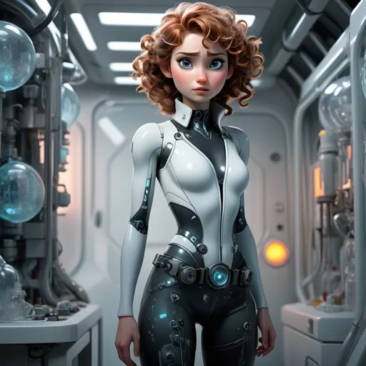 Prompt: (futuristic sci-fi style), scientists lab a full body, Modern 25-year-old ultra petite (very subtle slim feminine body, attractive), (curly wavy hair, random length hair), (soft boyish facial features), full body tattoo, exquisitely small waist, (black steel collar) , The walls are a bright white material, a dully reflective metal or plastic. her face locked in rictus of fear), (frozen in place yet looking perfect), (cool color scheme), (highly detailed), (dynamic contrast between figures), (tense atmosphere), (illustrative techniques).