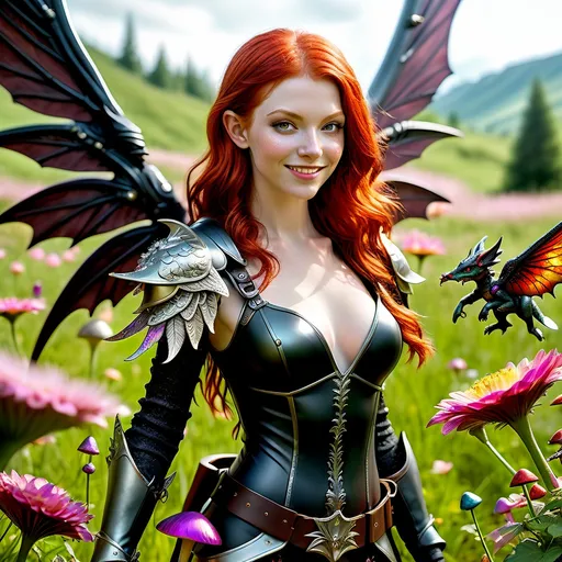 Prompt: Wide-angle, photo realistic image of a striking young woman redheaded faerie assassin with shimmering wings, wearing sleek, dark armor, standing confidently in a lush meadow filled with vibrant flowers. She holds a small gnomes by the back in the air showing it to a baby battle dragon at her side, with a mischievous smile on her face. The scene is bathed in the warm golden hour glow, casting dynamic, mysterious lighting that highlights the details of her shimmering skin and the dragon’s scales. Rendered in incredible detail with hyper-realistic textures and vivid colors. The triadic color palette creates a visually stunning masterpiece effect. Cinematic film still in 8K resolution.