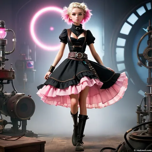 Prompt: (Steam punk style), In a mad scientists lab, high-tech instruments and glowing screens, a 25-year-old (full body) of an ultra petite person, random length hair, random (single color) hair, (adult feminine facial features), exquisitely small waist, (black steel collar), wearing an ultra frilly pink petticoat dress and a black leather utility belt, warm color tones creating a cozy atmosphere, (ultra-detailed, HD) quality.