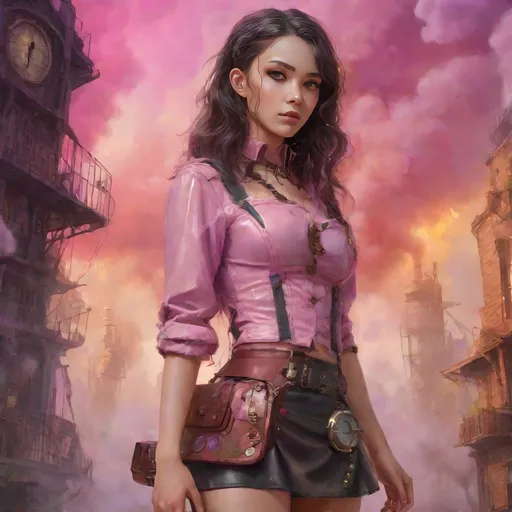 Prompt: (ultra realistic digital art), 20-year-old feminine male, (alluring soft facial features), wearing a steampunk style midriff tight leather blouse and a short leather skirt, (steampunk style purse over the shoulder), shoulder-length hair in an attractive random color, surround by a Pink colored smoke rising from the ground, (vibrant colors, detailed textures), (emotionally engaging essence), captivating gaze - ultra-detailed, HD quality, with a whimsical background that enhances the enchanting atmosphere.