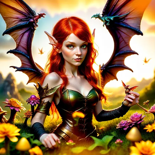 Prompt: A wide-angle, photo realistic image of a young adult gorgeous redhead "faerie Assassin woman" with wings, feeding gnomes to baby battle dragons as it stands over a lush meadow filled with vibrant flowers. The scene is bathed in the warm glow of the golden hour, with dynamic, mysterious lighting that highlights the faerie's shimmering skin. Emphasizing incredible detail and hyper-realistic elements. The color palette utilizes triadic colors, creating a stunning visual effect. This cinematic film still captures the essence of a masterpiece in 8K resolution.