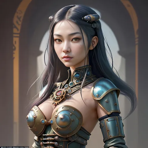 Prompt: Create a highly detailed AI inspired medieval fantasy character image, perfectly exaggerated symmetrical Asian feminine features, serene expression, in the style of highly detailed modern fantasy rogue, steampunk influence in character and background style, airbrushed matte oil painting, amazingly vibrant majestic colors, masterpiece:1.4, best quality:5.0, photo realistic, bokeh