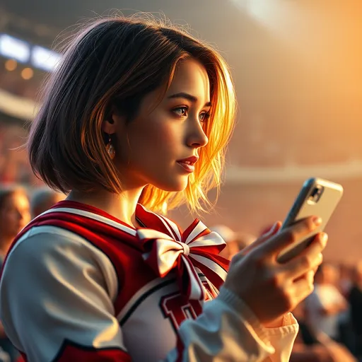 Prompt: (ultra realistic digital art), Create an adult ultra feminine and petite looking male, (wearing a cheerleader uniform), ((ultra soft petite feminine facial features, no adam's apple)), shoulder length random color hair, intently looking at a friend while holding an i-phone, cheering at a college football game, warm and inviting hues, emphasizing the softness of light, creating a cozy ambiance, extraordinary detail, rich textures, atmospheric depth, high-quality image, elaborate backdrop.