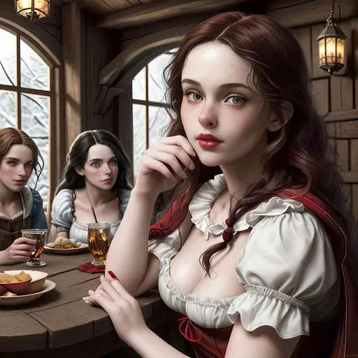 Prompt: Create the Image of a gorgeous young adult Brothers Grimm depiction of "Red Riding Hood", "Snow White", young adult "Gretel", and "Alice from Wonderland", with random natural hair colors, perfectly detailed cute face, full luscious lips, natural freckles, perfect body composition,

meeting in a tavern, sitting at a table drinking mead,

hyper realistic, super detailed, 8k, high quality, trending art, trending on artstation, sharp focus, studio photo, perfect lighting and shadows.