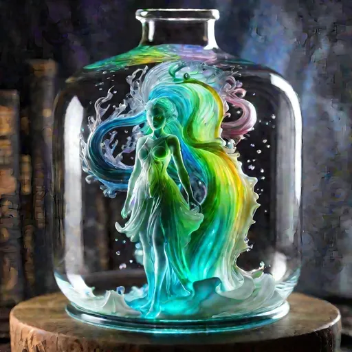 Prompt: Envision a striking female DnD character exquisitely sculpted from luminous glass, her delicate figure containing a swirling multi-colored liquid that infuses her with an otherworldly essence. Her intricate inner anatomy is visible through the transparent glass, adding an air of mystery and vulnerability to her powerful persona, as if she were an ethereal embodiment of both strength and fragility. This character challenges the perceptions of what it means to be alive, blurring the lines between the magical and the mundane.