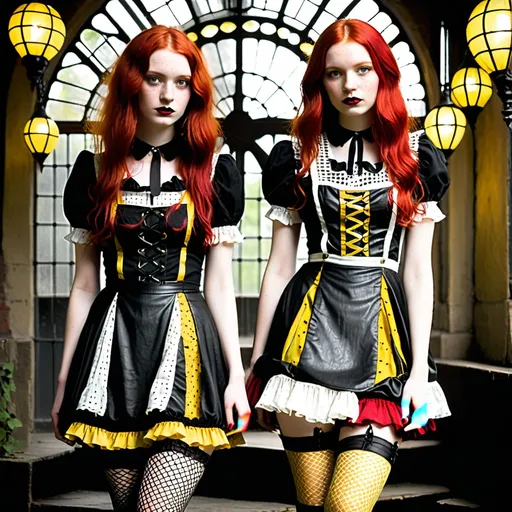 Prompt: Modern Goth style, full body (attractive 25-year-old) feminine petite woman), (long red hair), (freckles over the nose and cheeks), fishnet stockings (alluring soft feminine facial features), frilly and fluffy yellow and white pinafore and multi-layer petticoat dress, and black thick leather collar).