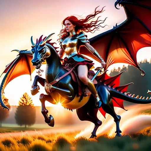 Prompt: Wide angle, photo realistic image of a gorgeous Victorian Era Warrior Woman with long flowing red hair, riding on the back of a red and gold 6 legged dragon flying over a meadow at Sunrise.

Golden hour warmth. Dynamic, mysterious lighting, shimmering bokeh on her skin. Free-flowing brush strokes, reminiscent of John William Waterhouse. Best quality. 8k resolution. Masterpiece. Incredible detail. Hyper-realistic vivid digital art influences. Stunning color palette. using gold Triadic colors. Cinematic film still.