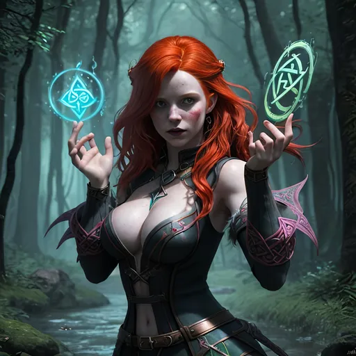 Prompt: Image of a mythical gorgeous young adult redhead sorceress with random styled hair, perfectly cute face, full luscious lips, exquisite body composition, eyelids tightly sewn shut,

summoning wild magic with swirling 3D Celtic rune symbols and 3D colorful spells, surrounded by the magical weaves,

Splash art, trending on artstation, dark fantasy art, hyper realistic, super detailed, 8k, high quality, trending art, trending on artstation, sharp focus, studio photo, perfect lighting and shadows.