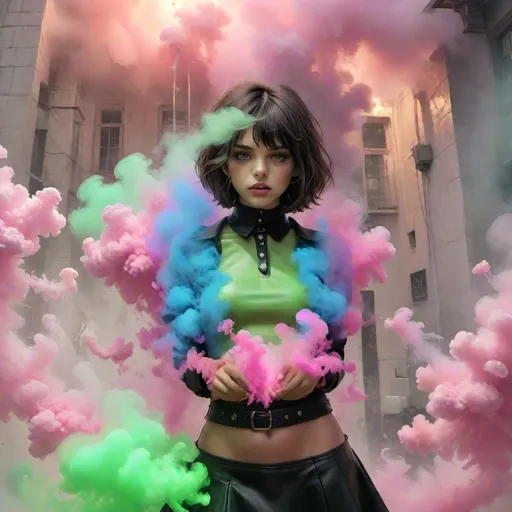 Prompt: (ultra realistic digital art), 20-year-old feminine male, (alluring soft facial features), wearing a short black leather skirt and (short green midriff blouse), (black leather collar), shoulder-length bob cut hair in an attractive random color, surround by a Pink colored smoke rising from the ground, (vibrant colors, detailed textures), (emotionally engaging essence), captivating gaze - ultra-detailed, HD quality, with a whimsical background that enhances the enchanting atmosphere.