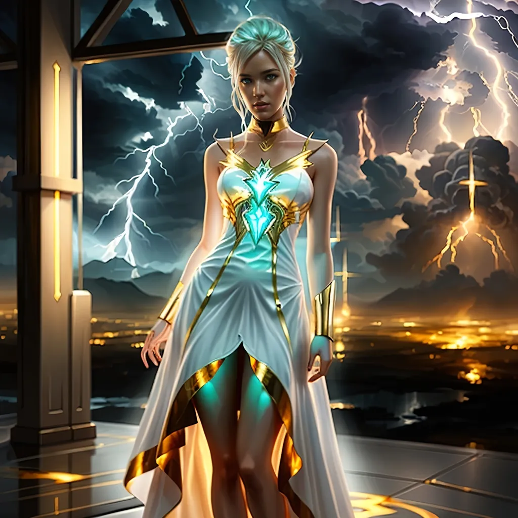 Prompt: a woman in a white dress and gold accessories standing in front of a lightning storm with lightning behind her, Artgerm, fantasy art, epic fantasy character art, concept art