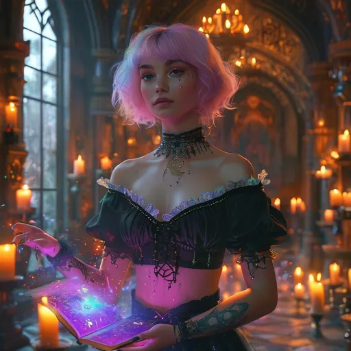 Prompt: Modern 25-year-old ultra petite woman, attractive), (short cut length hair), (soft eatures, feminine makeup), (soft boyish facial features), (slightly pink glowing skin). wearing a loose top and short skirt.

Conjuring magic and casting a spell on a man in a gothic temple lair, a multi colored mist filling the room, room filled with burning candles, holding a magical orb in outstretched hands.