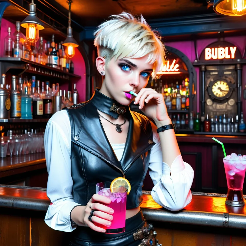 Prompt: (ultra realistic digital art), futuristic style, attractive 25-year-old feminine male, ((alluring soft feminine facial features)), (short black leather skirt), (white loose crop top), (black thick leather collar), platinum blonde short hair, enticing blue eyes, set in a dirty elaborate steampunk bar, drinking a bright pink bubbly smoky beverage from a vial, gold mist swirling around her, rich textures, intricate background details, HD, cinematic quality. The rendering should achieve a level of realism that brings her to life, ensuring that her expressions and features resonate with vivid detail and authenticity.